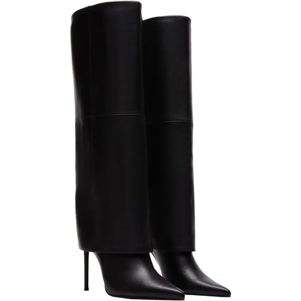 Women's Black Knee High Wide Calf Pointed Toe Stiletto Fem Flame Stylish Heel